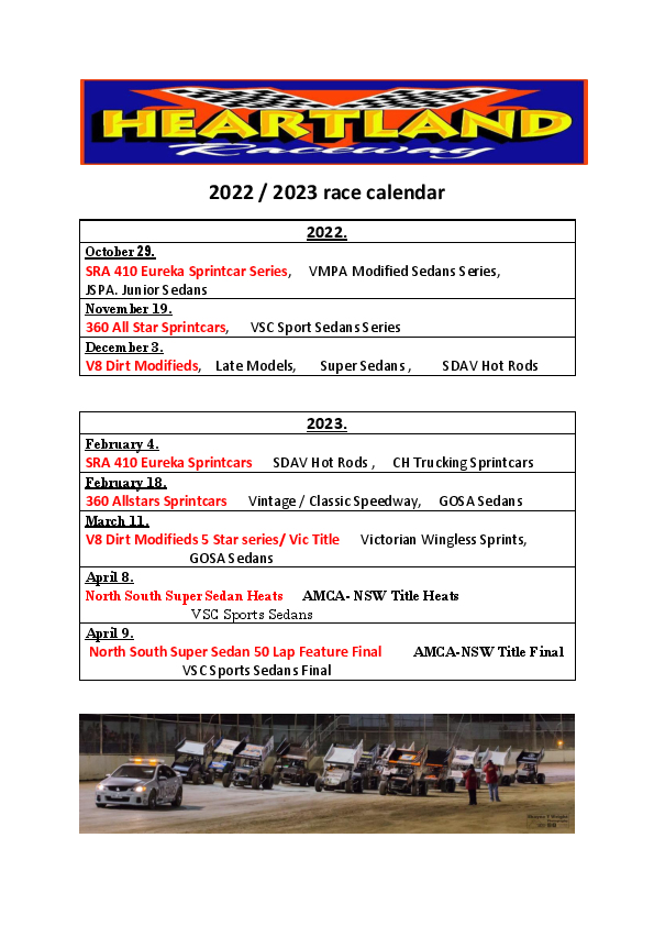 Heartland Raceway – Race Dates 2022/23 season. October 29th – 410